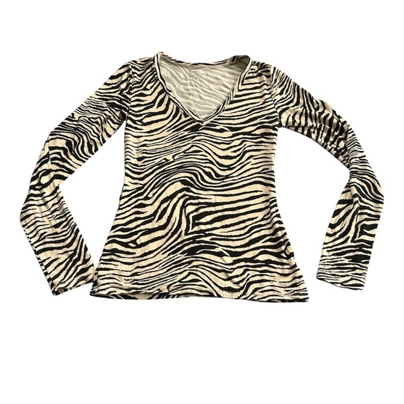 Express Shirt Zebra Print V-Neck Fitted Tee Top Black & Cream Stretchy Y2K Sz S - Picture 1 of 9